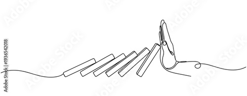 Hand stopping falling dominoes on flat surface line illustration. No editable stroke