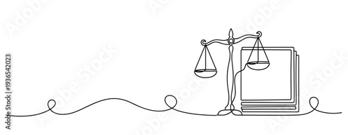 Scales balancing legal books on continuous line illustration. No editable stroke