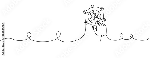 Hand touching network interface on continuous line illustration. No editable stroke