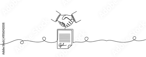 Business handshake over signed contract in continuous line. No editable stroke