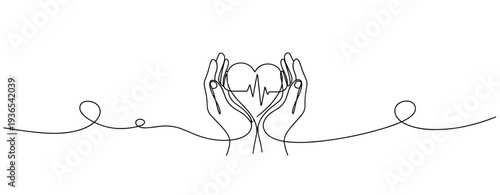 Hands holding heart with heartbeat line in minimal line art. No editable stroke