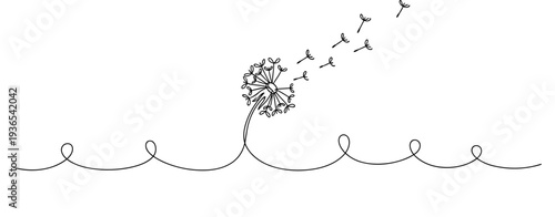 Dandelion seeds blowing away on continuous line illustration. No editable stroke