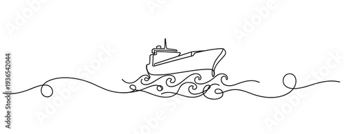Boat cruising through stylized waves on white continuous line. No editable stroke