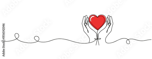 Hands holding heart above wavy continuous line border. No editable stroke
