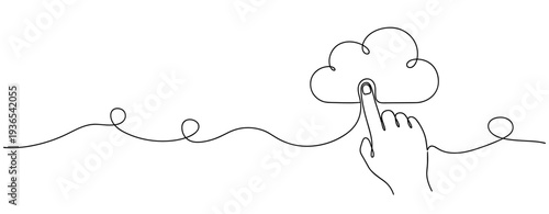 Hand touching cloud outline on continuous line scene. No editable stroke
