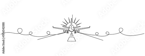 Airplane approaching runway in continuous line drawing on white. No editable stroke