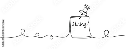 Note pinned with pushpin announcing hiring in line background. No editable stroke