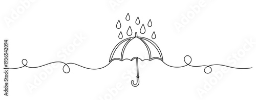Umbrella with falling raindrops above continuous line design. No editable stroke