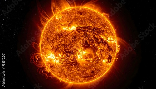 Glowing orange sun with bright, flowing solar flares against a dark black starfield background