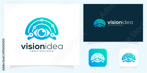 Eye vision tech with circuit connectivity network logo vector icon idea.