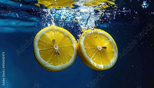 Sliced lemons sink into crisp, bubbly blue water