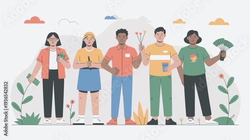 A diverse group of people standing together in harmony with nature and each other