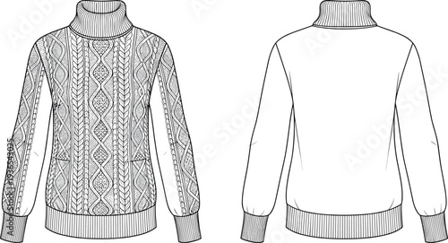 Cable knit turtleneck sweater technical fashion flat sketch template with front and back views for apparel design and product development.