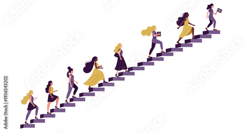 Illustration of diverse women climbing stairs in a vibrant, stylized representation celebrating Women's History Month with a colorful, modern design on a white background.