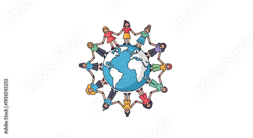 Illustration of diverse people holding hands around the world on a white background, symbolizing unity and global connection for Women's History Month and business events.