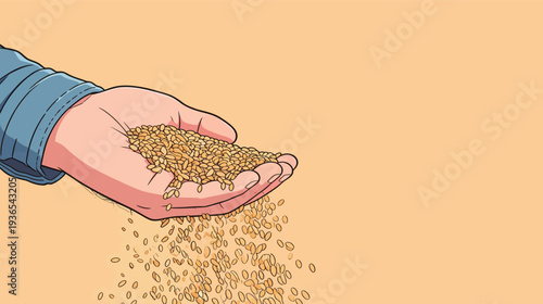 A hand pours seeds from the palm, showing the action of distributing grains. This occurs against a simple background, highlighting the task.