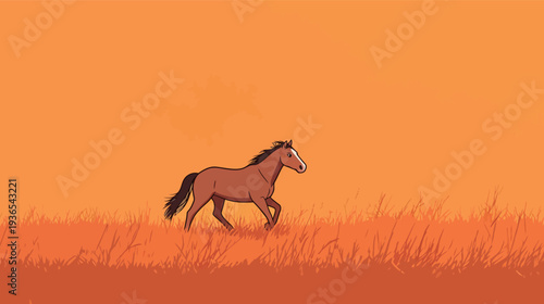A horse moves through tall grass under a bright orange sky at sunset. The scene shows a peaceful open space with vibrant colors.