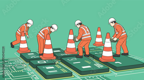 Five workers in orange uniforms set up traffic cones on a circuit board, focusing on fixing various tech parts during the day.