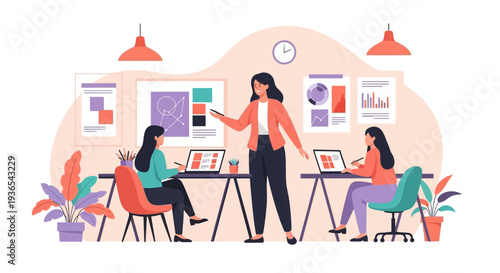 Illustration of a woman presenting to two colleagues in a modern office setting with laptops and colorful artwork on the walls, celebrating Women's History Month with a professional and