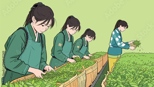 Four young people gather tea leaves in baskets under a bright green sky. They work together in a rural setting, focused and efficient.