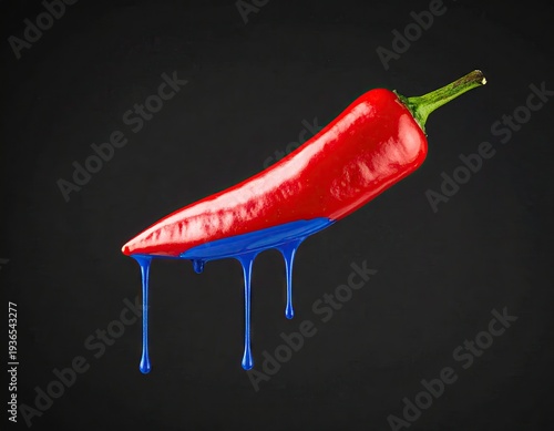 Red chili dripping bright blue paint on dark backdrop