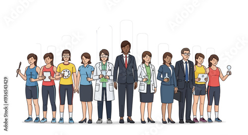 Illustration of diverse professionals and people icons in business and casual attire on a clean white background celebrating Women’s History Month and gender equality in various fields.