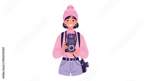 Young woman photographer holding vintage camera with bright smile