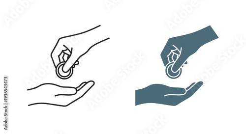 Hands exchanging a coin presented in linear and solid forms silhouette
