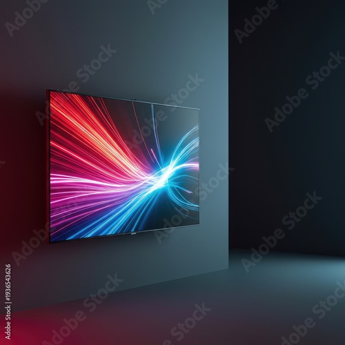 A sleek, modern flatscreen television displaying vibrant, high-definition imagery, mounted on a minimalist wall in a contemporary setting ,device ,gaming ,media