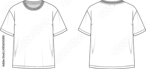 Oversized Boxy Fit T-shirt Technical Fashion Flat Sketch Set Front and Back View Unisex Streetwear Cotton Tee Vector Illustration Template