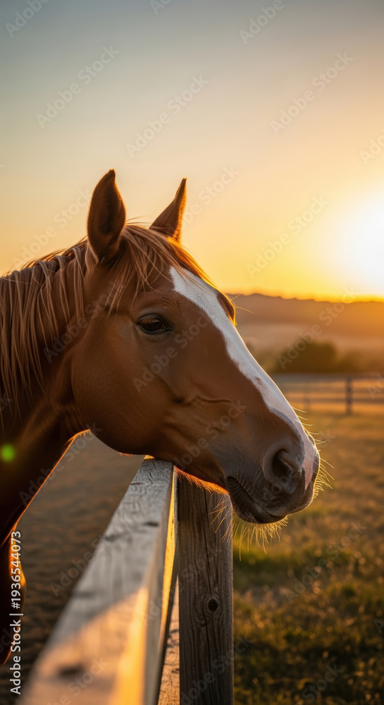 Obraz premium Horse head on fence with golden sunset light. Farm animal portrait in a field at dusk. Rural life and nature beauty concept.