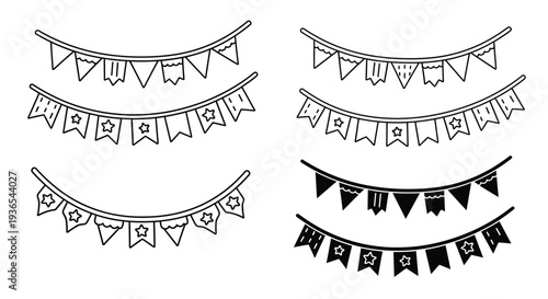 Black and white bunting flags arranged in various decorative patterns silhouette