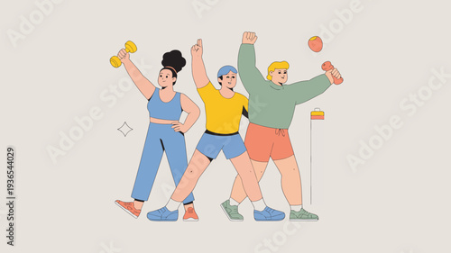 Three friends celebrating fitness and exercise with dumbbells in a fun workout session