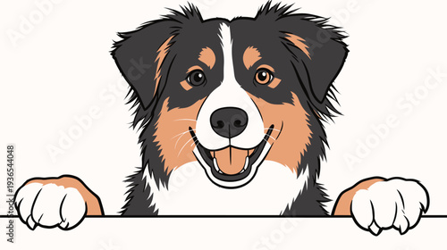 A dog with brown, black, and white fur is looking at the viewer. Its ears are perked up and its mouth is open in a smile.