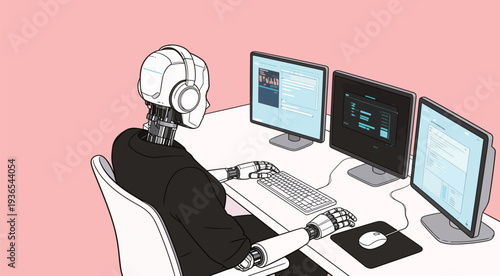 A robot sits at a desk using a keyboard and mouse. It focuses on multiple computer screens displaying different tasks.