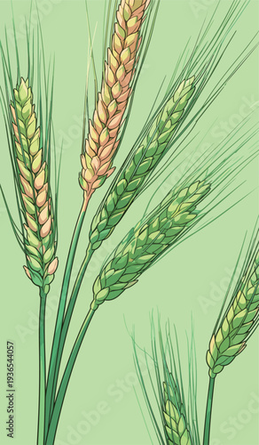 Wheat ears stand tall with varying colors in a field during early summer. Sunlight highlights the crops and their details.