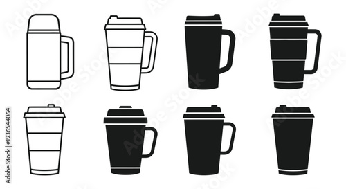 Four pairs of travel mugs in varying styles a black silhouette