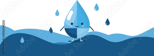 Adorable cartoon water drop character with a friendly smile, standing in wavy blue water with smaller drops falling