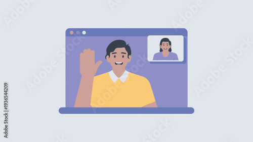 A cartoon man waving at a woman on a laptop screen during a video call