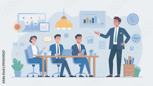 A group of business professionals engaged in a meeting with one man presenting to the others in a modern office setting.