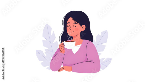 Woman enjoying a cup of coffee with a peaceful expression