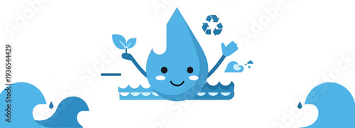 Cute cartoon water drop character floating in water, holding a leaf and a recycling symbol, with waves on either side