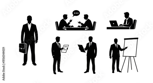 Business professionals in various work situations silhouette collection.