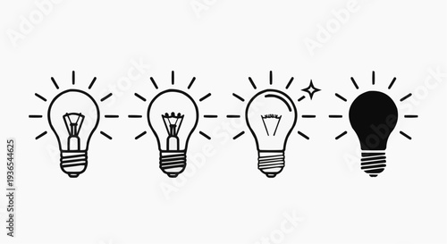 Light bulb icon set representing idea, innovation, and creativity, flat vector illustration on white background.