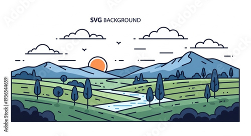 Serene landscape with mountains and a river at sunrise.