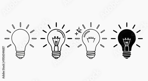 Light bulb icon set representing idea, innovation, and creativity, flat vector illustration on white background.