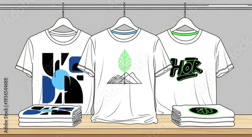 Customizable T-shirts with Unique Designs on Hangers and Stacks.