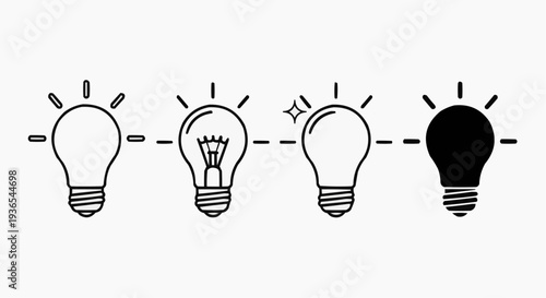 Light bulb icon set representing idea, innovation, and creativity, flat vector illustration on white background.