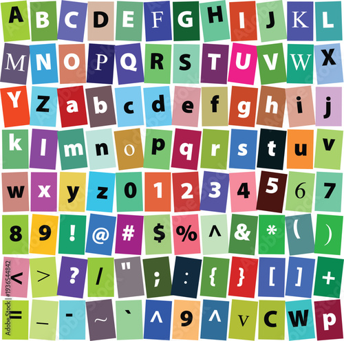 A vibrant collage of cut-out alphabet letters, numbers, and various symbols on colorful rectangular backgrounds, arranged in a grid pattern.
