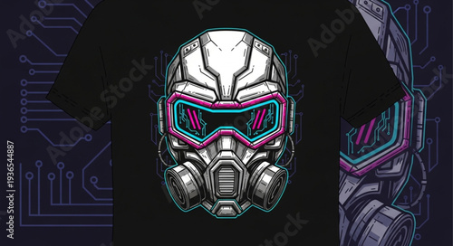 Futuristic sci-fi character design on black t-shirt with neon accents.